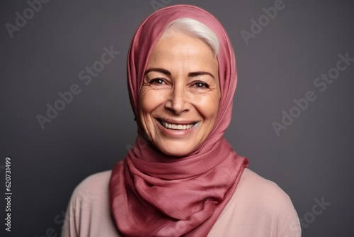 Obraz na płótnie Portrait of smiling middle aged muslim woman in hijab looking at camera w salonie