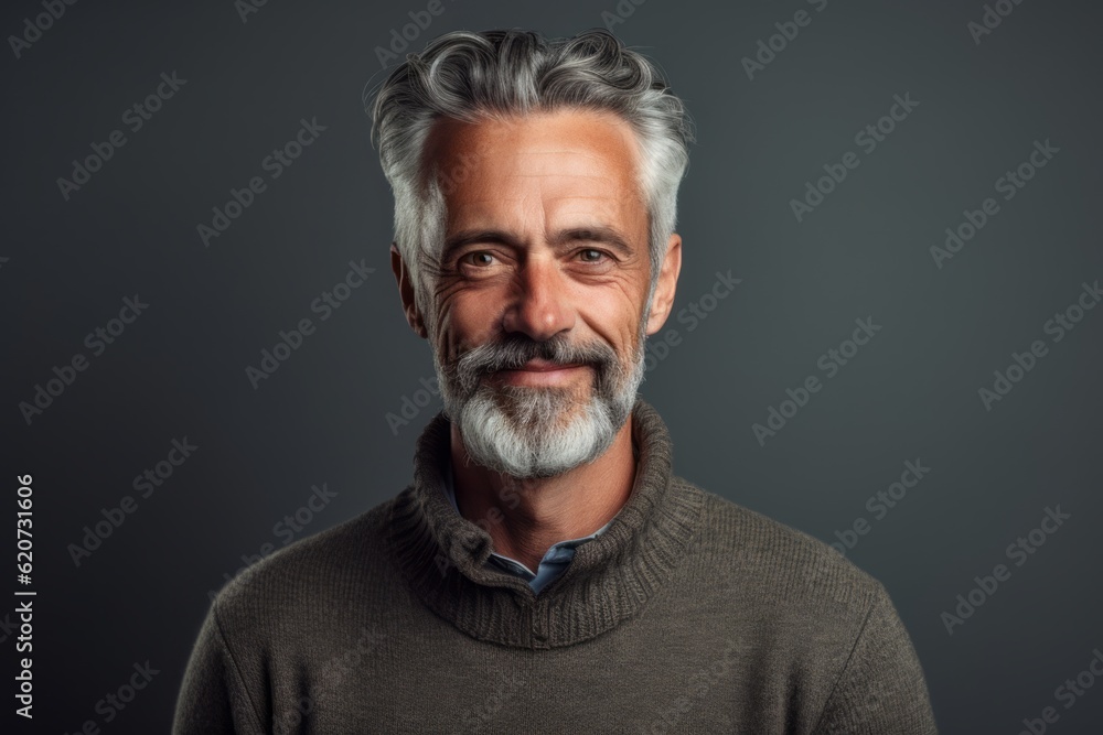 Portrait of a gray-haired man in a gray sweater on a dark background. Portrait of a gray-haired man in a gray sweater on a dark background.