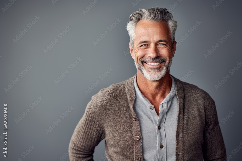 Handsome mature man is smiling and looking at camera while standing against grey background Handsome mature man is smiling and looking at camera while standing against grey background