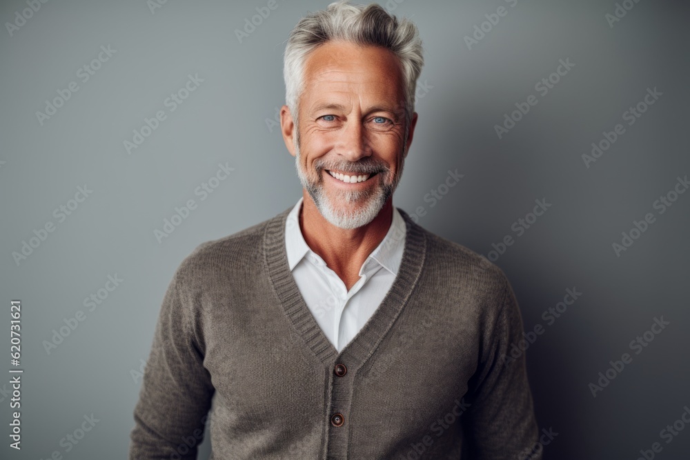 Portrait of a handsome senior man smiling and looking at camera while standing against grey background Portrait of a handsome senior man smiling and looking at camera while standing against grey background