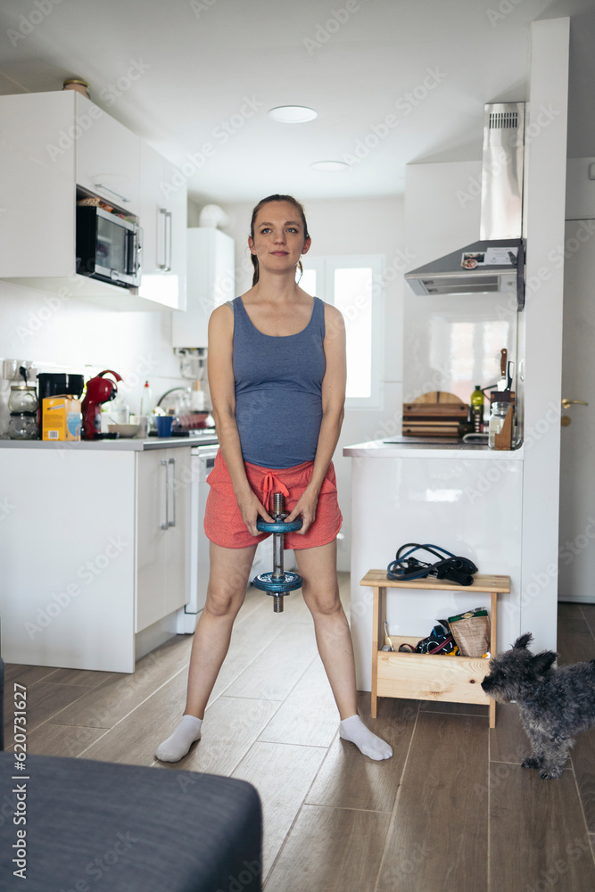 Pregnant woman doing weight exercise at home Pregnant woman doing weight exercise at home