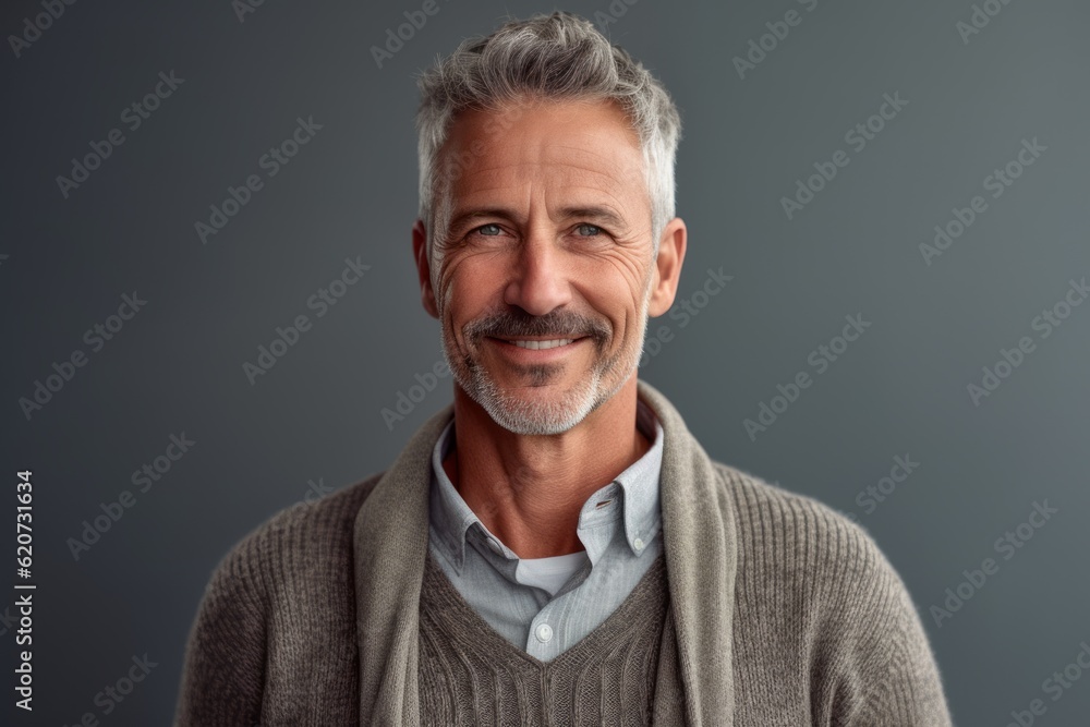 Fototapeta premium Portrait of a handsome mature man smiling at the camera while standing against grey background