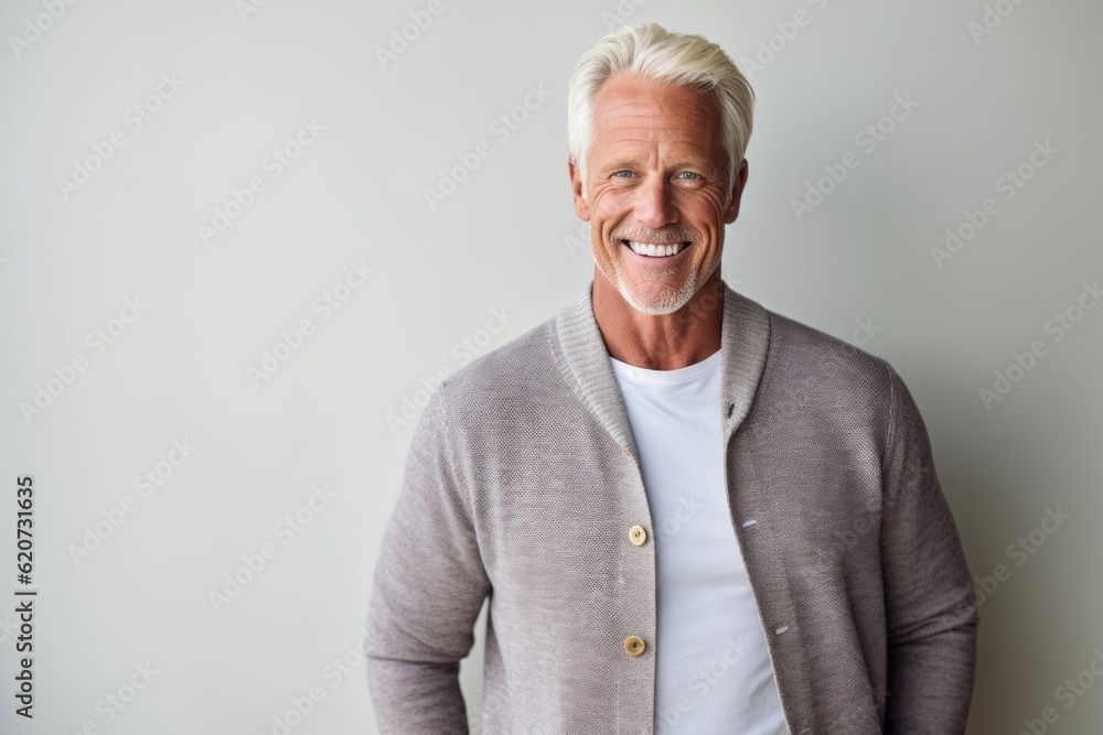 Portrait of a handsome senior man smiling at the camera while standing against grey background Portrait of a handsome senior man smiling at the camera while standing against grey background