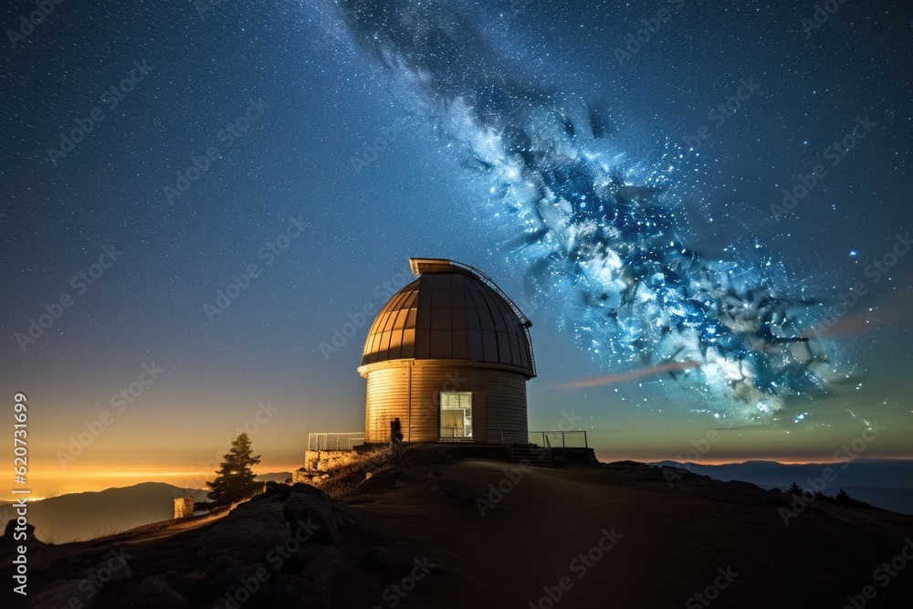 High in the mountains, an observatory dome stands against a starry night sky. Generative AI