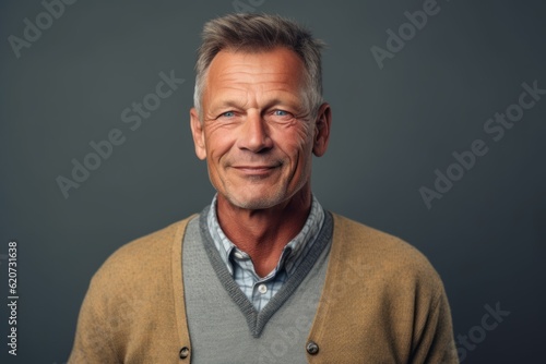 Portrait of a senior man in a sweater on a gray background