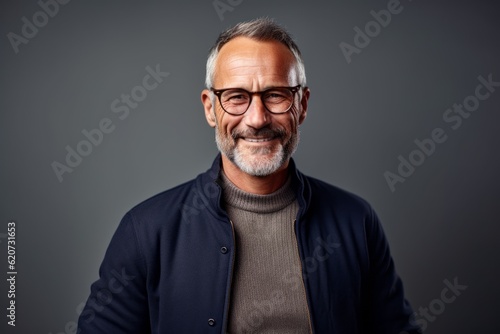 Smiling mature man in eyeglasses looking at camera on grey background
