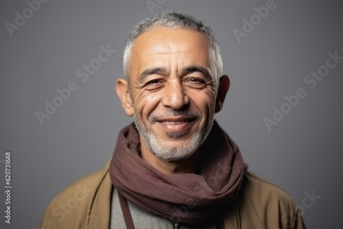 Portrait of a senior Indian man with grey hair and brown scarf