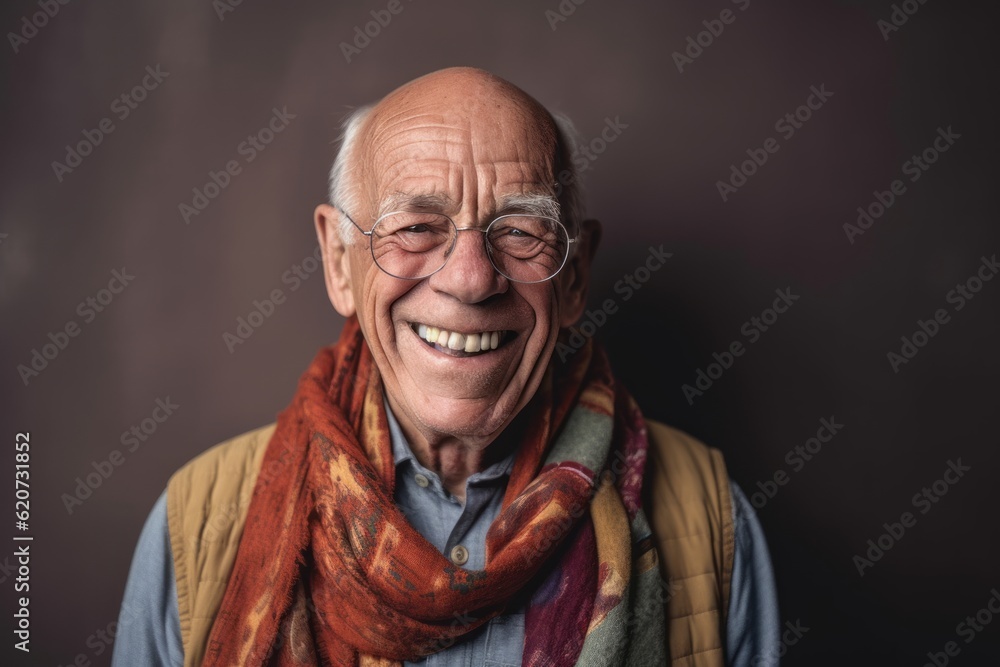 Portrait of a happy senior man wearing glasses and a scarf.