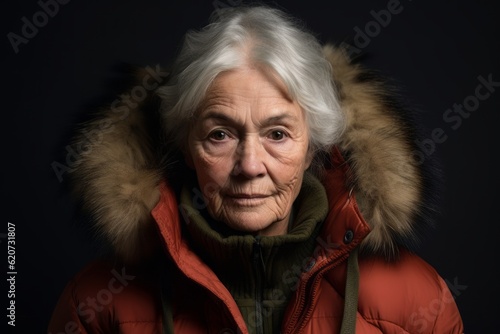 Portrait of a senior woman in winter clothes on a dark background