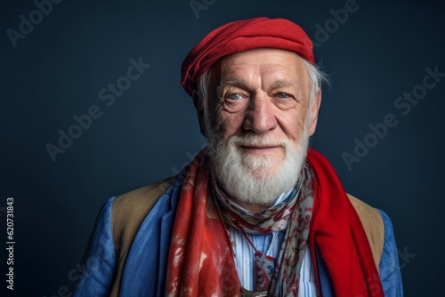 Portrait of an old man with a red scarf on a blue background. © Eber Braun