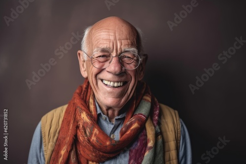 Portrait of a happy senior man wearing glasses and a scarf.