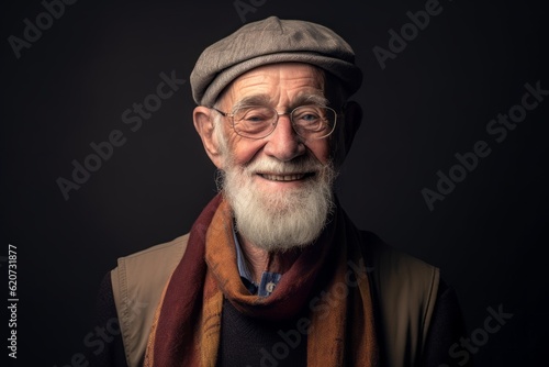 Portrait of a senior man with a gray beard wearing a hat and scarf.