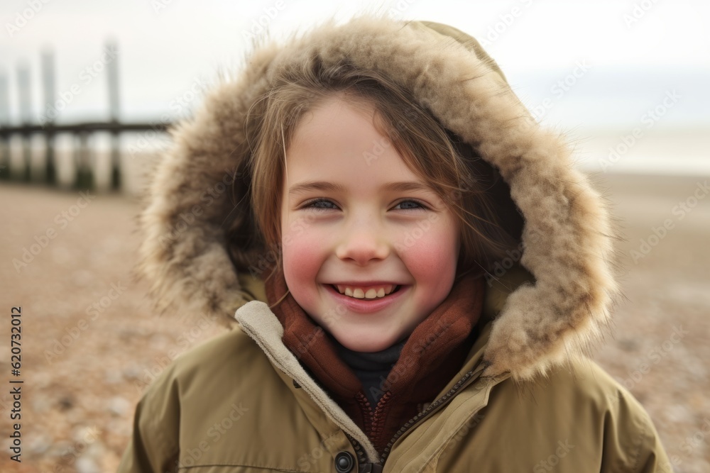 Portrait of a smiling little girl in winter clothes on the beach Portrait of a smiling little girl in winter clothes on the beach