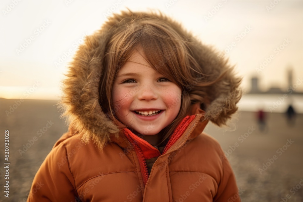 Portrait of a smiling little girl in a warm coat on the beach Portrait of a smiling little girl in a warm coat on the beach
