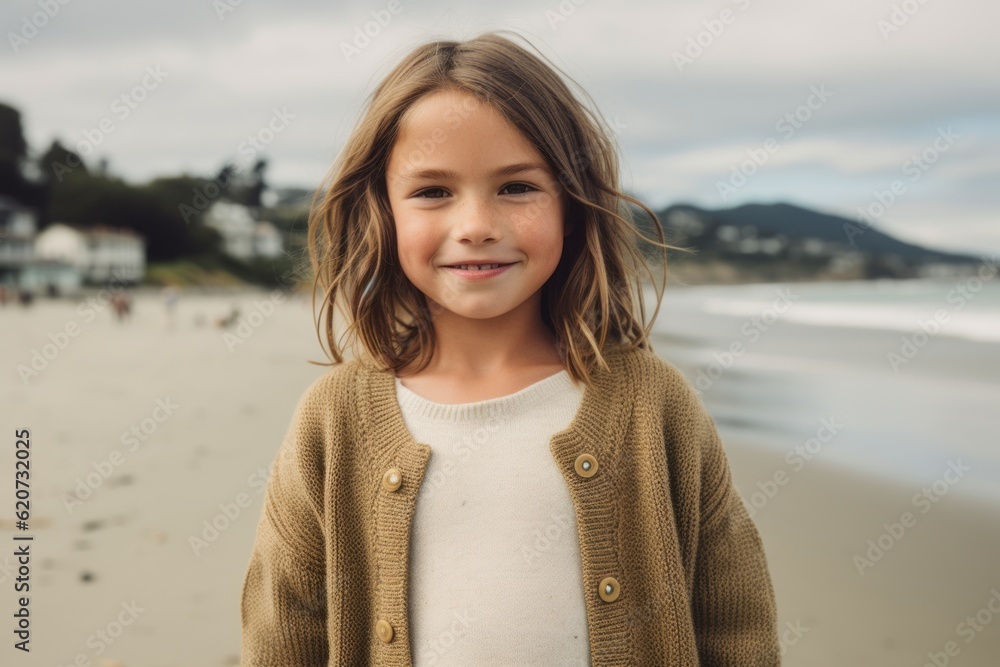 Portrait of a cute little girl smiling at the camera on the beach Portrait of a cute little girl smiling at the camera on the beach