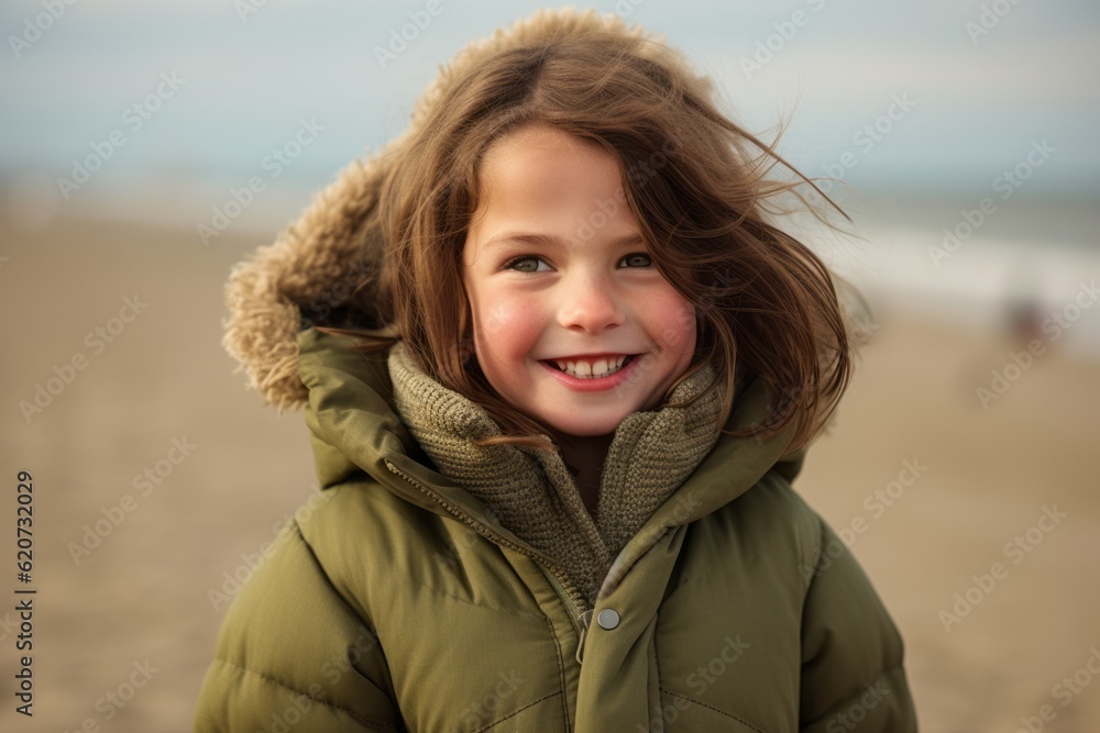 Portrait of a beautiful smiling little girl on the beach in winter Portrait of a beautiful smiling little girl on the beach in winter