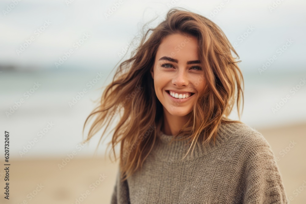 Portrait of a beautiful young woman smiling at the camera on the beach Portrait of a beautiful young woman smiling at the camera on the beach