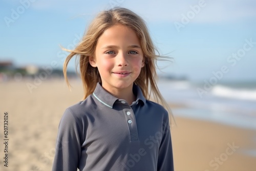Portrait of a cute little girl on the beach in summertime