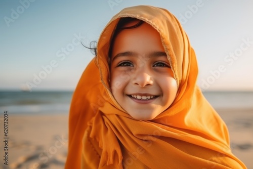 Medium shot portrait photography of a pleased child female wearing hijab against a beach background