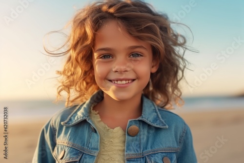 Portrait of a cute little girl smiling at camera on the beach
