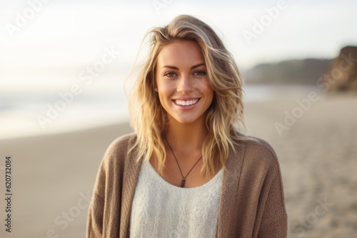 Portrait of a smiling young woman standing on the beach at sunset