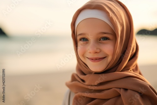 Portrait of a cute little muslim girl on the beach at sunset