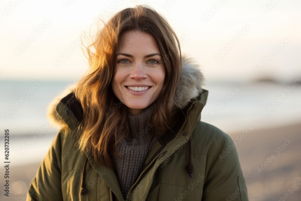 Portrait of a smiling young woman in winter coat on the beach Portrait of a smiling young woman in winter coat on the beach