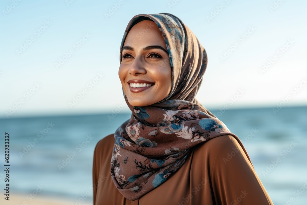 portrait of smiling muslim woman in hijab looking at camera on beach portrait of smiling muslim woman in hijab looking at camera on beach