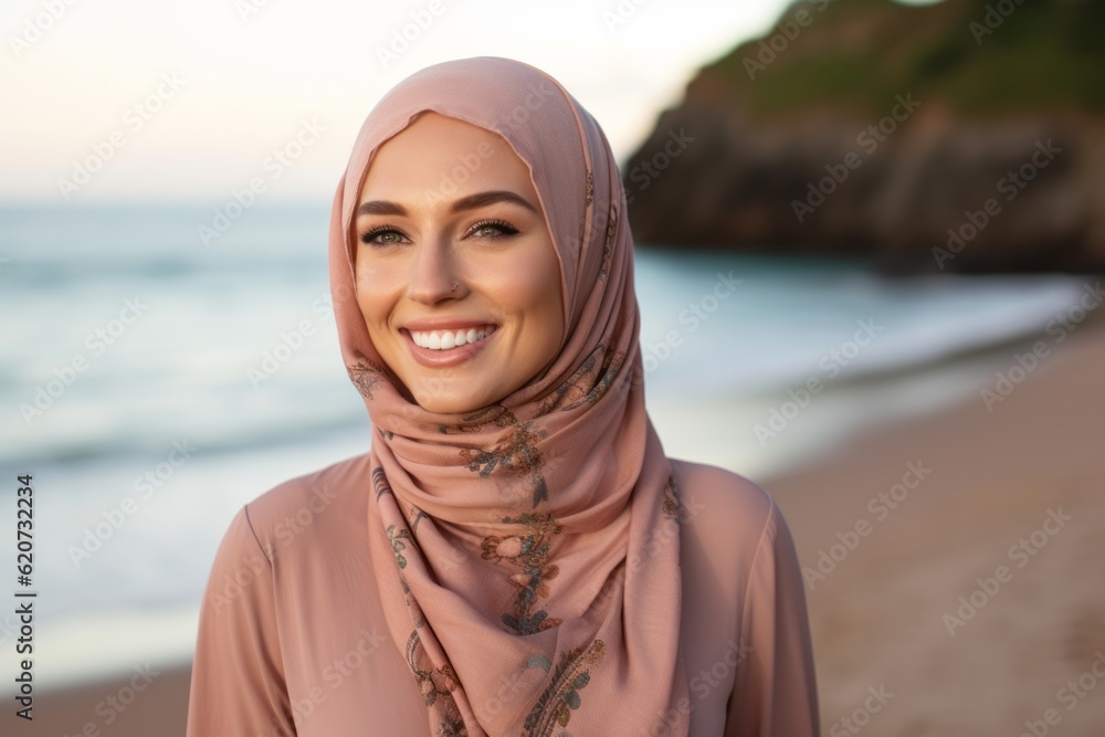 Portrait of beautiful young muslim woman wearing hijab at the beach Portrait of beautiful young muslim woman wearing hijab at the beach