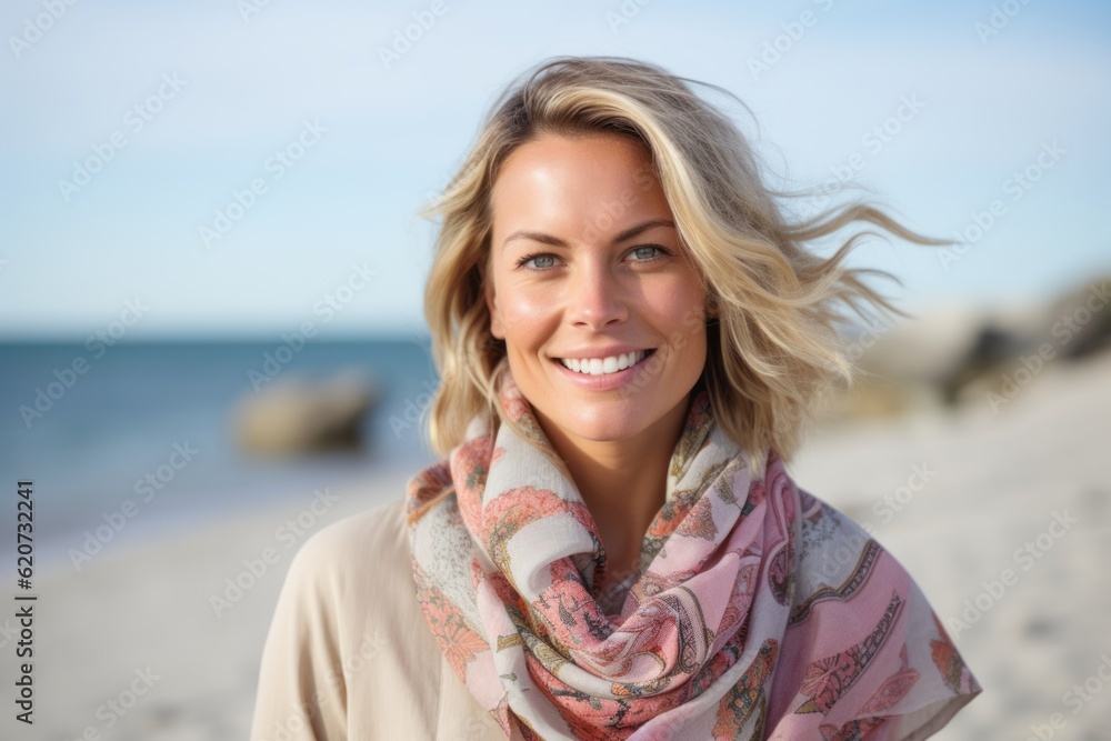 Portrait of a beautiful woman with scarf on the beach at autumn day Portrait of a beautiful woman with scarf on the beach at autumn day