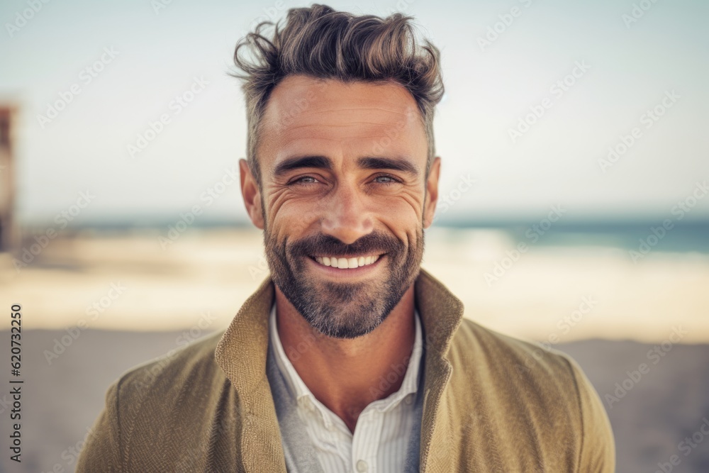 Portrait of handsome man smiling at camera while standing on the beach Portrait of handsome man smiling at camera while standing on the beach