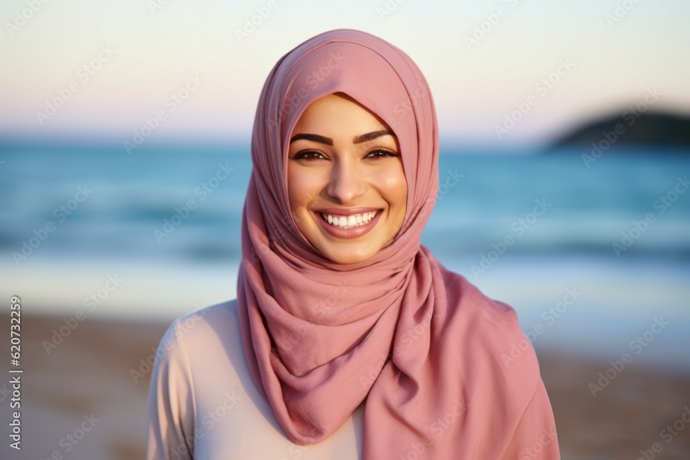 Portrait of beautiful young muslim woman in hijab smiling and looking at camera on the beach Portrait of beautiful young muslim woman in hijab smiling and looking at camera on the beach