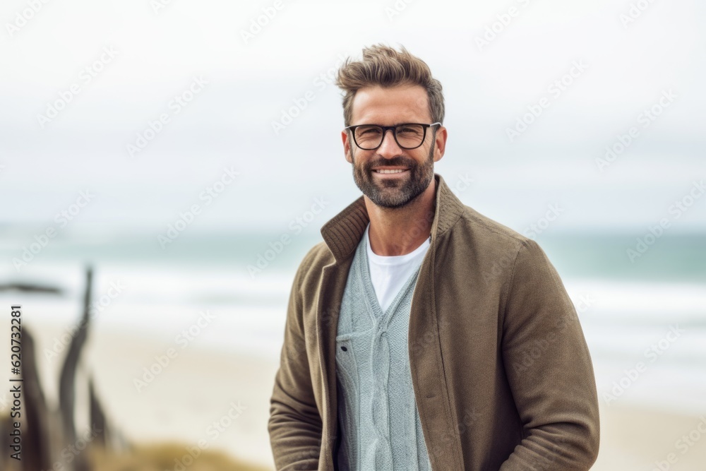 Portrait of handsome man wearing eyeglasses standing on the beach Portrait of handsome man wearing eyeglasses standing on the beach