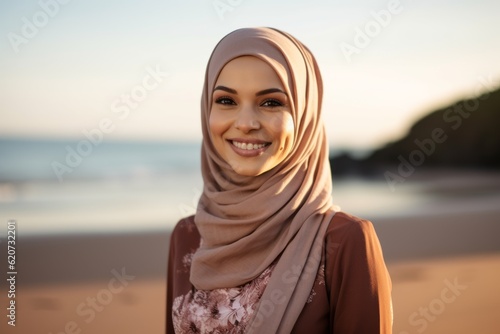 Portrait of beautiful young muslim woman in hijab smiling and looking at camera on the beach
