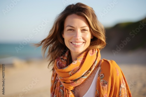 Portrait of a beautiful woman in a colorful scarf on the beach