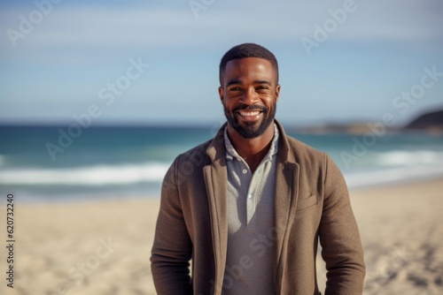 Portrait of smiling man standing on beach with hand in pocket looking at camera