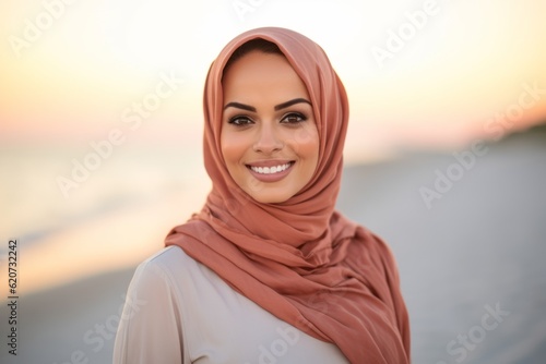 Beautiful young woman with hijab on beach at sunset  closeup