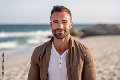 Portrait of handsome man smiling at camera while standing on the beach