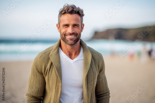 Portrait of handsome man smiling at camera on beach during sunny day