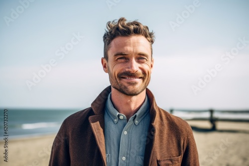 Portrait of smiling handsome man standing on beach at the seaside