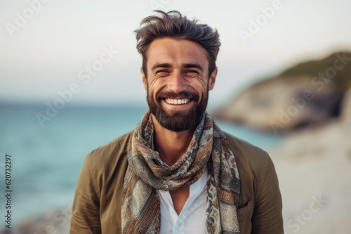 Portrait of a handsome young man wearing scarf and smiling at the beach