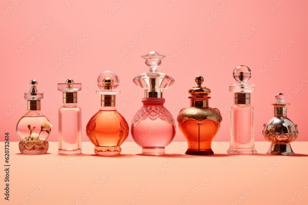perfume bottles. a lot of transparent multi-colored glass bottles of cosmetics on a pink background. ai generative perfume bottles. a lot of transparent multi-colored glass bottles of cosmetics on a pink background. ai generative
