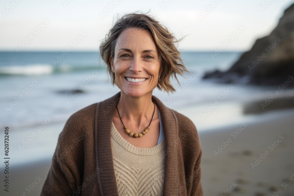 Portrait of smiling woman standing on beach at the day time and looking at camera Portrait of smiling woman standing on beach at the day time and looking at camera
