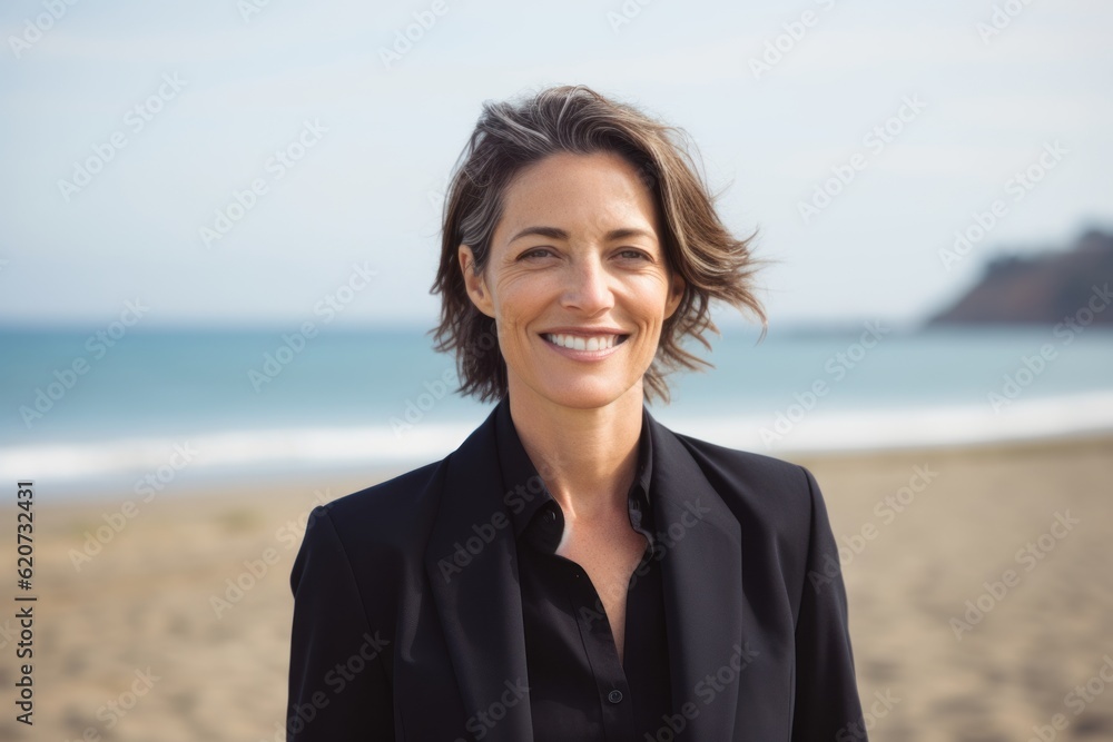 Portrait of smiling businesswoman standing on beach at the day time Portrait of smiling businesswoman standing on beach at the day time