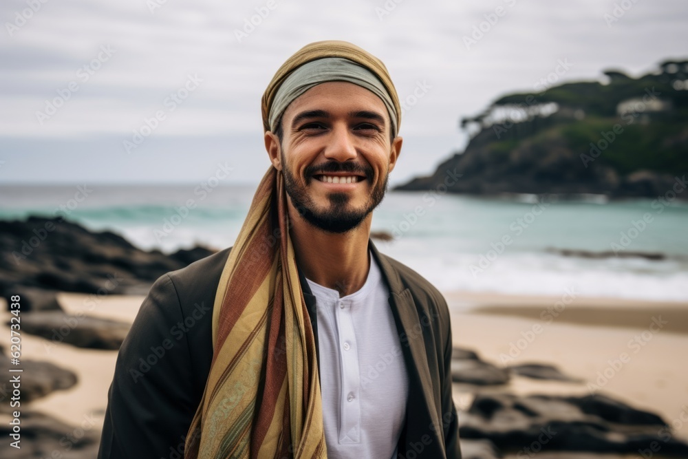 Portrait of a smiling muslim man standing on the beach at sunset