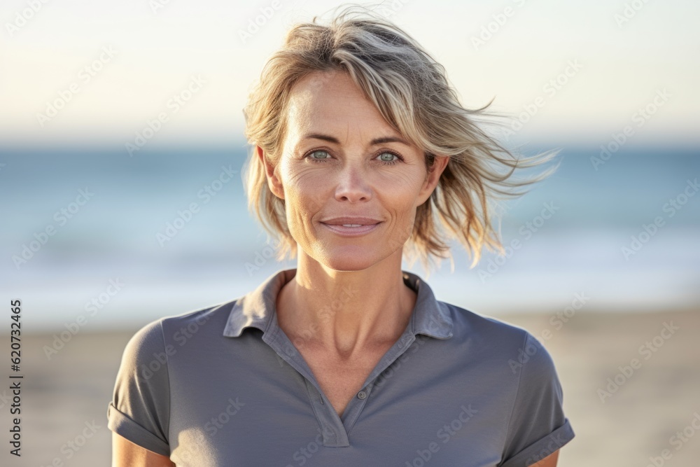 Portrait of mature woman standing on beach in the sunshine looking at camera Portrait of mature woman standing on beach in the sunshine looking at camera