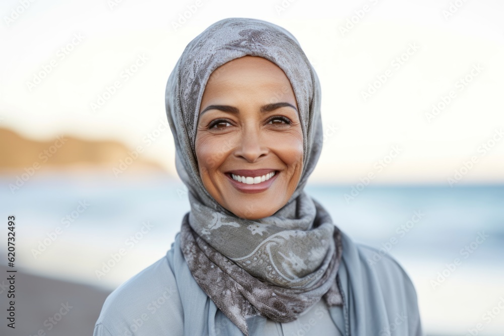 cheerful african american woman in hijab smiling at camera on beach cheerful african american woman in hijab smiling at camera on beach