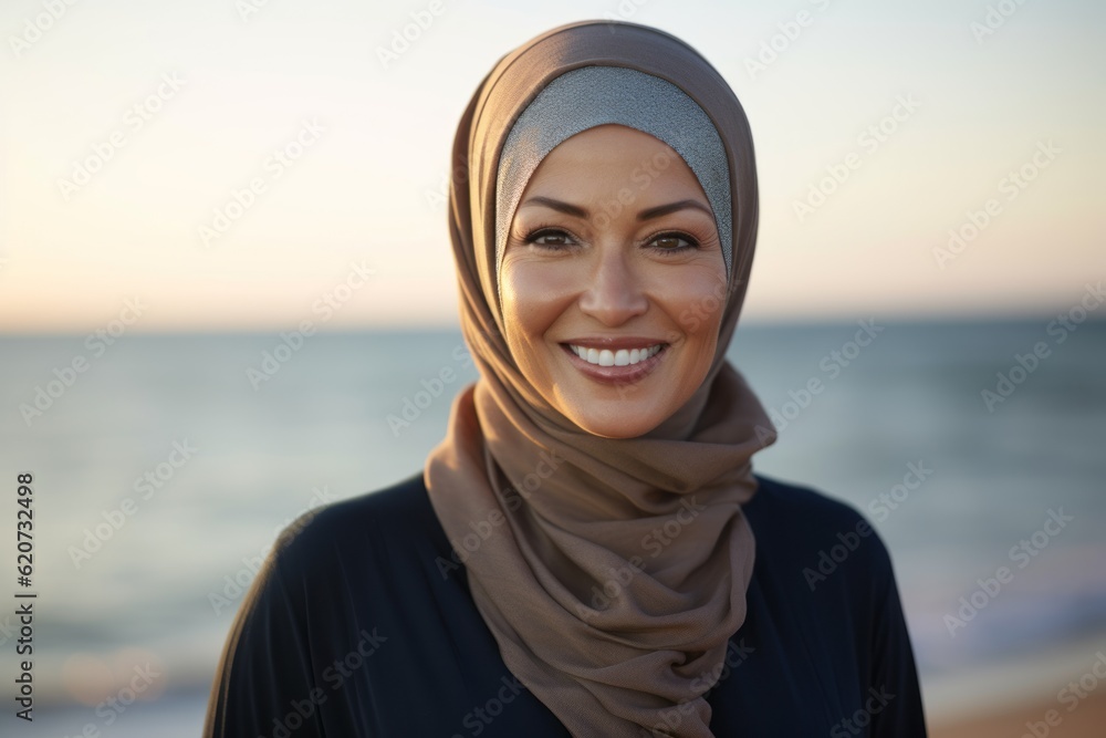 Portrait of a smiling muslim woman in headscarf at the beach Portrait of a smiling muslim woman in headscarf at the beach