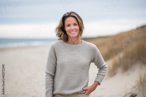 Portrait of smiling woman standing on beach at the beach in autumn