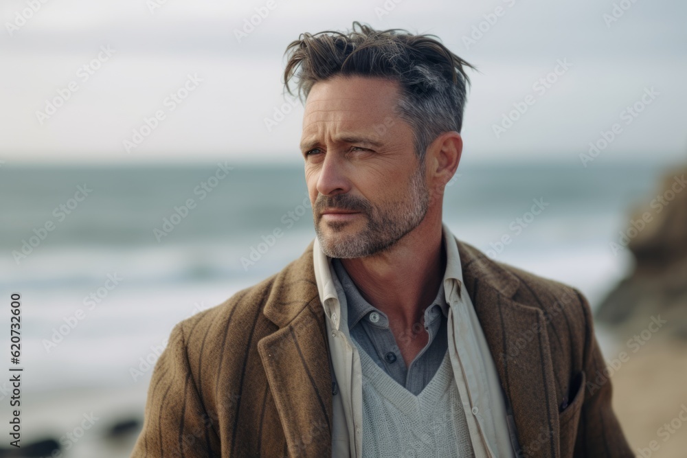 Portrait of handsome mature man looking away while standing on the beach Portrait of handsome mature man looking away while standing on the beach